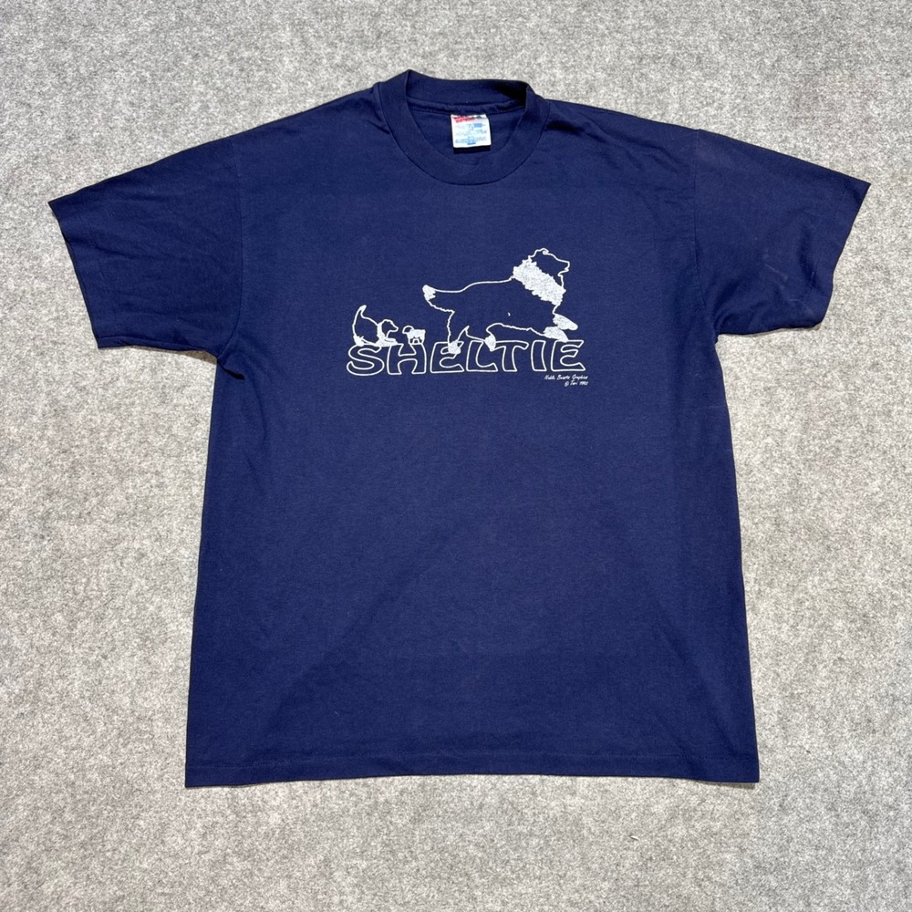 Vintage 1992 Hanes Heavyweight Sheltie Dog T-Shirt Navy Blue Mens Large 50/50